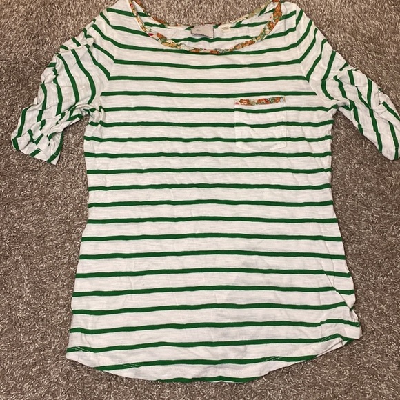 Anthropologie Postmark 3/4 Ruffled Sleeve Striped Top with Floral Neck - Picture 7 of 7